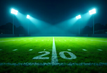 Illuminated Football Field Under Stadium Lights at Night