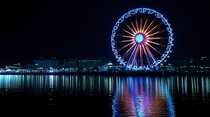 Asiatique Ferris wheel with city backdrop: Illuminated Ferris wheel set against the night skyline, reflecting on the river, captured from a distance, nighttime ambiance. 