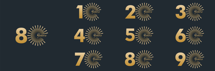Fototapeta premium collection anniversary 10 to 90 year logo designs. abstract number, vector illustration. gold logo and black background