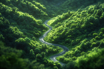 Winding road through lush green forest, sunlight filtering through dense trees.