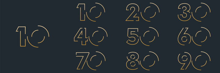 collection anniversary 10 to 90 year logo designs. abstract number, vector illustration. gold logo and black background