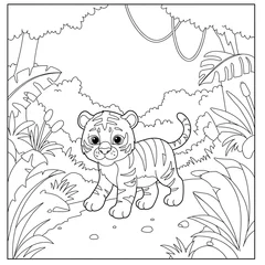 Line drawing of tiger cub in jungle setting, showcasing a cute and playful illustration ideal for children's books or coloring pages