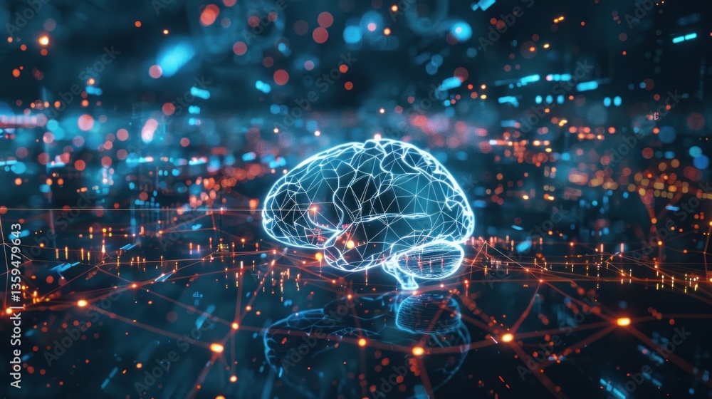 Poster a digital brain symbolizing machine learning with glowing connections and futuristic elements.