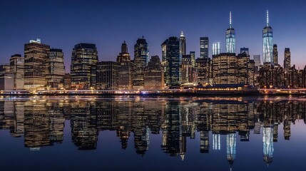 Obraz premium Panoramic Night View of New York City Skyline with Illuminated Skyscrapers Reflecting in Water, Vibrant City Lights Against Dark Blue Sky Highlighting Architectural Grandeur