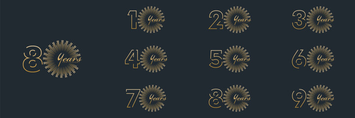 collection anniversary 10 to 90 year logo designs. abstract number, vector illustration. gold logo and black background
