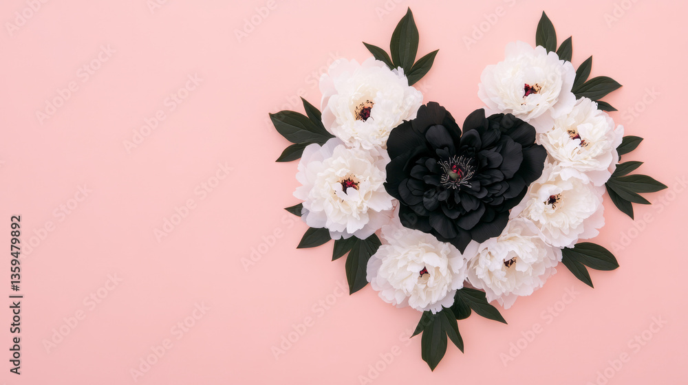 Aufkleber a close-up of blooming peonies arranged in a heart shape on a clean pink surface, with subtle