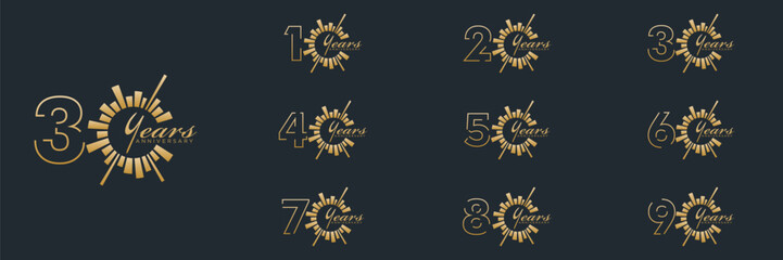 collection anniversary 10 to 90 year logo designs. abstract number, vector illustration. gold logo and black background