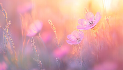 Beautiful cosmos flowers in the garden with sunlight and bokeh background.