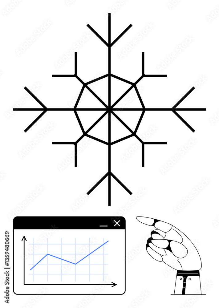 Poster snowflake design, robotic hand gesture, and graph interface highlight technology, data analysis, art