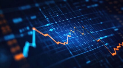 Stock Market Graph with Blue and Orange Lines Representing Data Movement on Dark Blue Abstract Background, Emphasizing Financial Charts with Blurred Edges for Business Presentation
