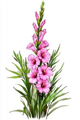 Obraz premium Pink Gladiolus Flowers with Green Leaves on White Background