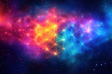 Colorful stars in the sky over a serene lake, reflecting vibrant hues onto the water, surrounded by misty mountains and lush green trees.