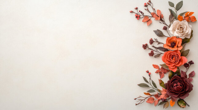 A gentle floral border of roses and lisianthus surrounding an open blank space on a creamy textured