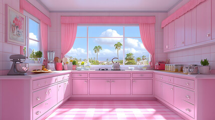 Fototapeta premium An all-pink kitchen with checkered floors large windows with palm tree views and appliances and dishes on the counterto