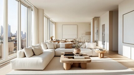 Fototapeta premium Bright and cozy living room featuring a neutral palette, plush seating, and minimal decor, with natural light highlighting the clean and modern design. 