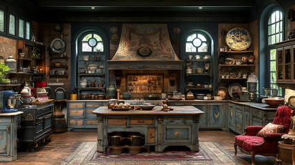 An antique kitchen with old-fashioned appliances wooden cabinets and a red armchair in a warm rustic setting
