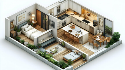 An apartment layout with a bedroom kitchen dining area and a lounge spot featuring indoor gardens and hardwood floors