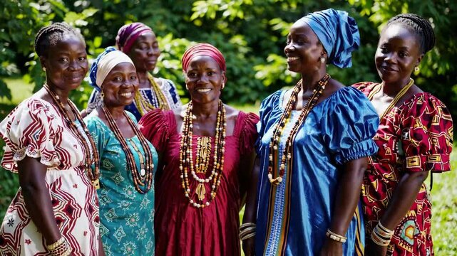 Joyful gathering of women in vibrant traditional african dresses amidst lush greenery. 4k stock footage