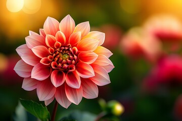 Sunlit peach dahlias flourish in a countryside flower farm, reflecting nature's beauty under the evening glow. Copy space. © Tanya