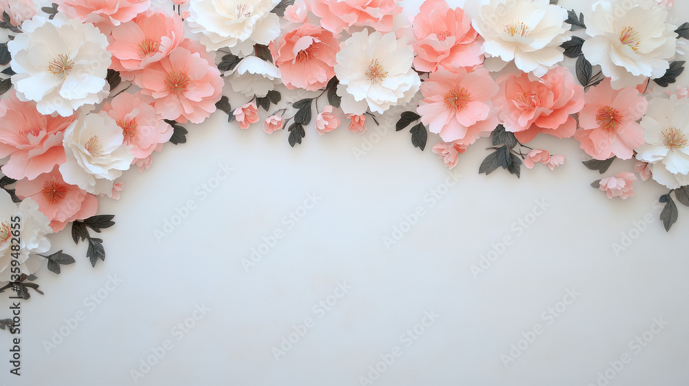Poster a diagonal layout of blooming peonies across a light paper background visual movement without
