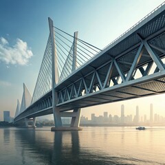 Sleek modern cable-stayed bridge with a striking design spanning over a tranquil river against a city skyline