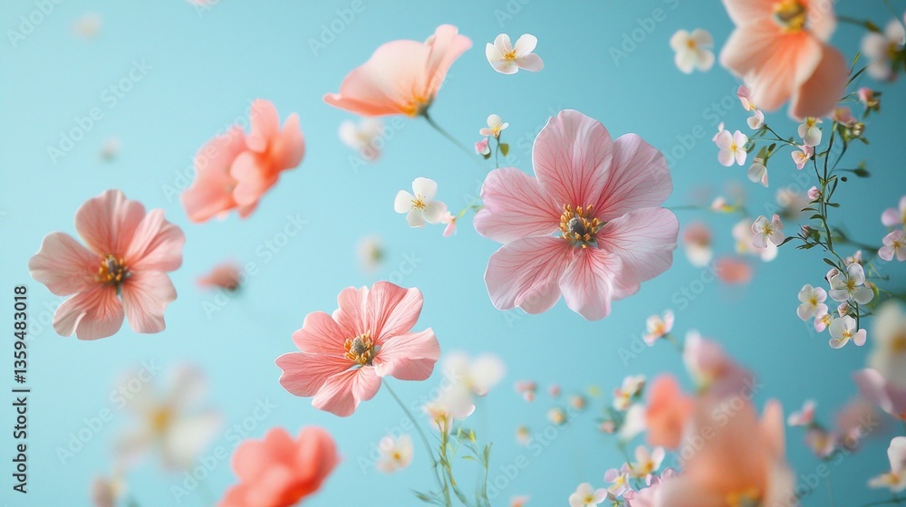 Poster delicate flowers in shades of pink and white float gracefully in the air, creating a stunning contra