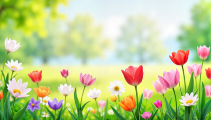 Obraz premium Vibrant flowers blooming in sunny outdoor setting, springtime beauty