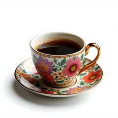 Floral Porcelain Coffee Cup with Black Coffee on Saucer &ndash; Elegant Vintage Tea Time, Classic Morning Beverage, and Artistic Design