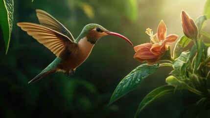 Obraz premium Hummingbird Tongue - Rufous Hummingbird in Flight with Green Floral Background