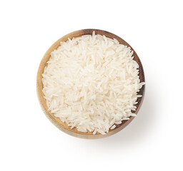 Wooden bowl with raw rice isolated on white background, top view