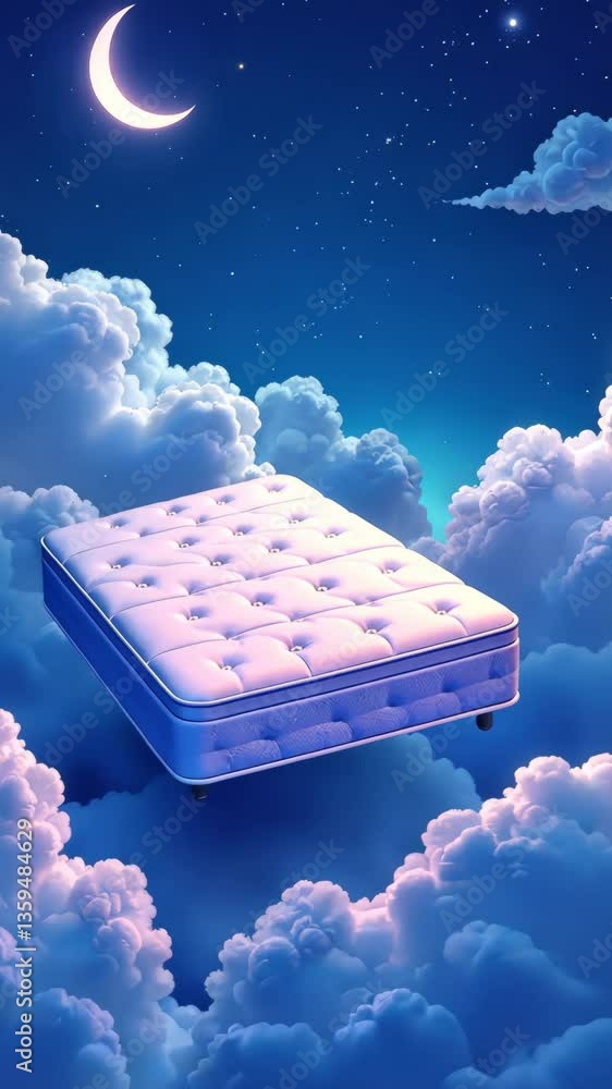 Poster a mattress is floating in the sky. the sky is filled with clouds. the mattress is white