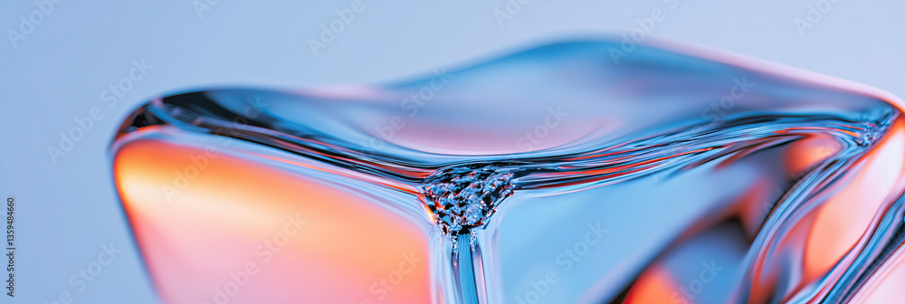 Poster close-up image of a translucent cube with blue and orange gradient lighting