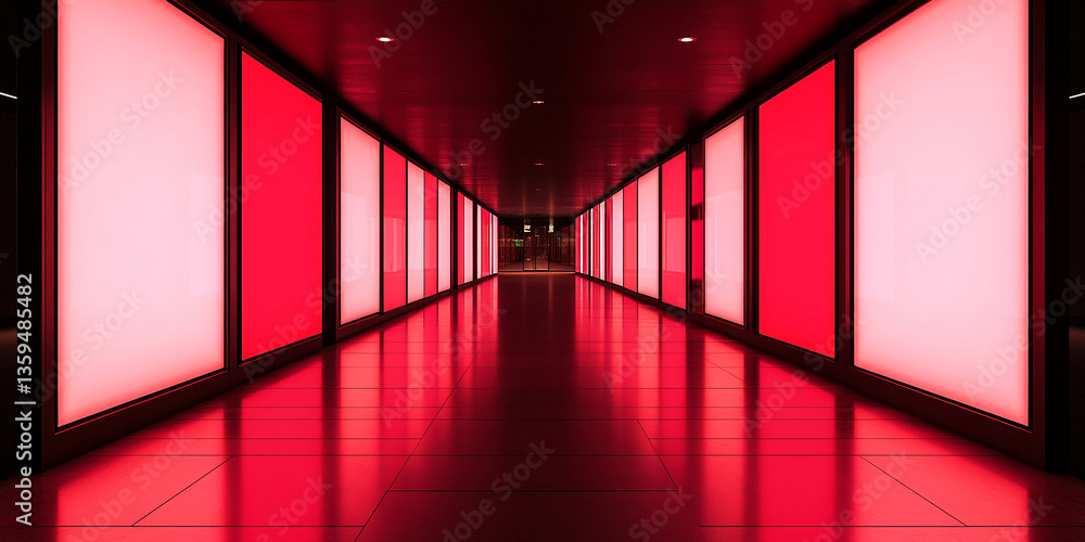 Poster red and pink illuminated panels line a corridor, creating a modern, minimalist aesthetic, showcasing