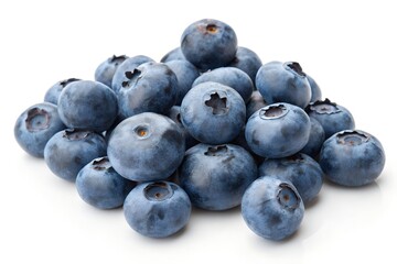 Fresh Ripe Blueberries on White Background. Close-up of a pile of juicy, ripe blueberries isolated on a white background, showcasing their natural color and texture