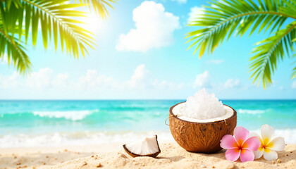 Obraz premium Coconut water in half coconut shell on beach under bright sunlight, tropical vibe