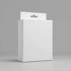 Close-up of white box with hang tab on gray backdrop, upright, soft light, minimal design, branding-ready focus
