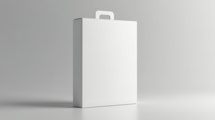 Close-up of white box with hang tab on gray backdrop, upright, soft light, minimal design, branding-ready focus