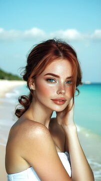 Model with freckles and vibrant hair showcases beauty in a close-up portrait accentuating soft features and striking blue eyes. Ideal for Social Media, Stories, Advertising