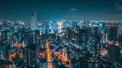 Obraz premium Bustling metropolis at night, skyscrapers and streets gleaming with electric lights, homes glowing in soft tones, wide-angle perspective, cinematic depth. 