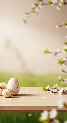Easter eggs decorated on wooden table outdoors with blossoming willow