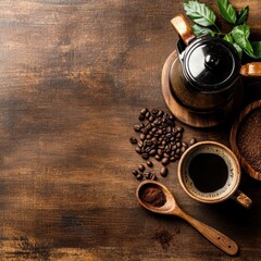 Naklejka premium Dark roasted coffee beans, grounds, and a mug of coffee on a wooden table with leaves