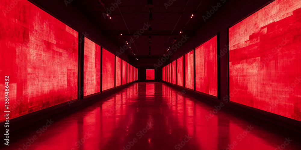 Poster red illuminated panels line a long corridor, creating a dramatic and intense atmosphere, showcasing 