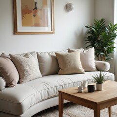 Fototapeta premium Curved neutral sofa with pillows, abstract art, wooden table on light rug, plant, soft light, cozy modern living room