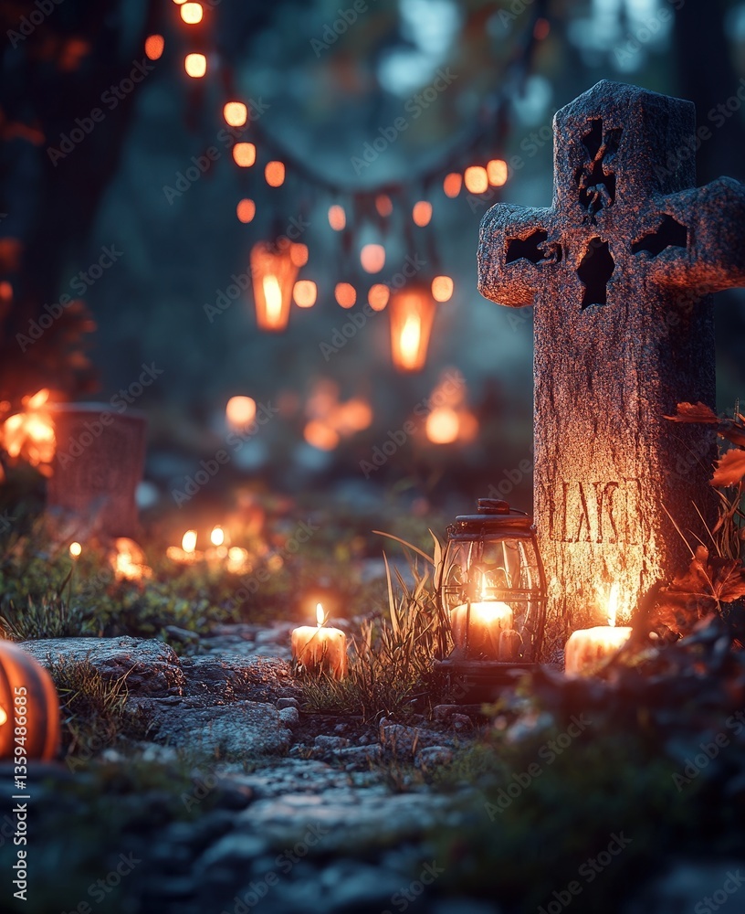Poster a serene graveyard scene illuminated by candles and lanterns, creating a mystical atmosphere with pu