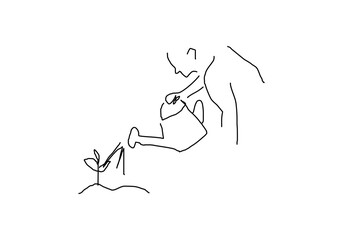  line art illustration representing watering tree seedlings to save the Earth.