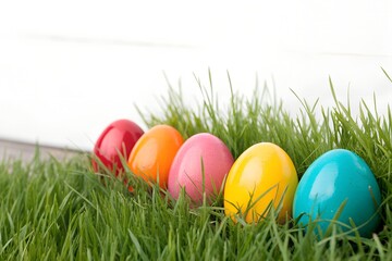 Colorful Easter Eggs Hidden in Fresh Grass. Vibrant painted Easter eggs arranged in green grass, symbolizing springtime celebration, egg hunt fun, and festive holiday decor