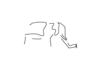 line abstract illustration depicting people joyfully playing with an elephant in the water, set against the backdrop of a traditional Thai temple.