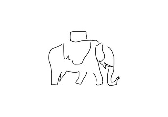 line abstract illustration depicting people joyfully playing with an elephant in the water, set against the backdrop of a traditional Thai temple.