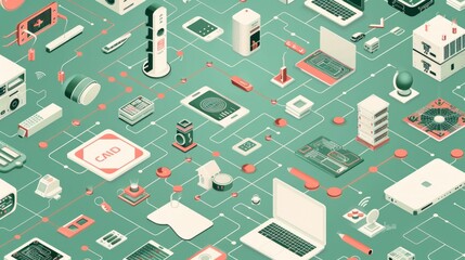 3D isometric illustration of machine learning systems and algorithms.