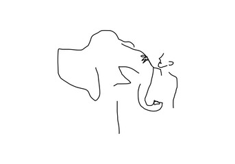 line abstract illustration depicting people joyfully playing with an elephant in the water, set against the backdrop of a traditional Thai temple.